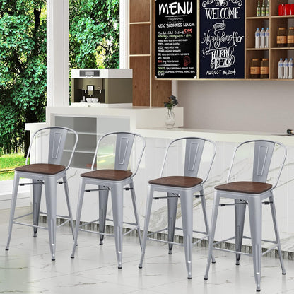 Metal Bar Stools Set of 4,24 Inch Barstools Counter Height Bar Stools with Backs Farmhouse Bar Stools with Larger Seat High Back Kitchen Dining Chairs Modern Bar Chairs 24" Silver Stool