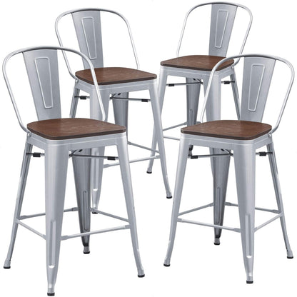 Metal Bar Stools Set of 4,24 Inch Barstools Counter Height Bar Stools with Backs Farmhouse Bar Stools with Larger Seat High Back Kitchen Dining Chairs Modern Bar Chairs 24" Silver Stool