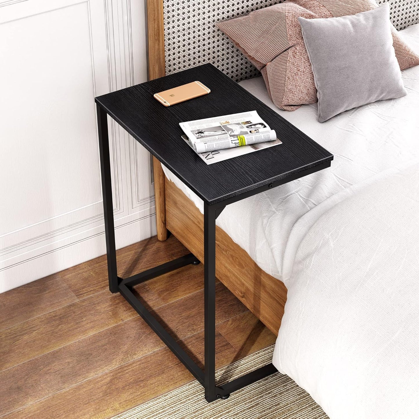 Side Table, C Shaped Wide End Table for Couch Sofa and Bed, Laptop Table, TV Tray, 26 Inch Tall, Black