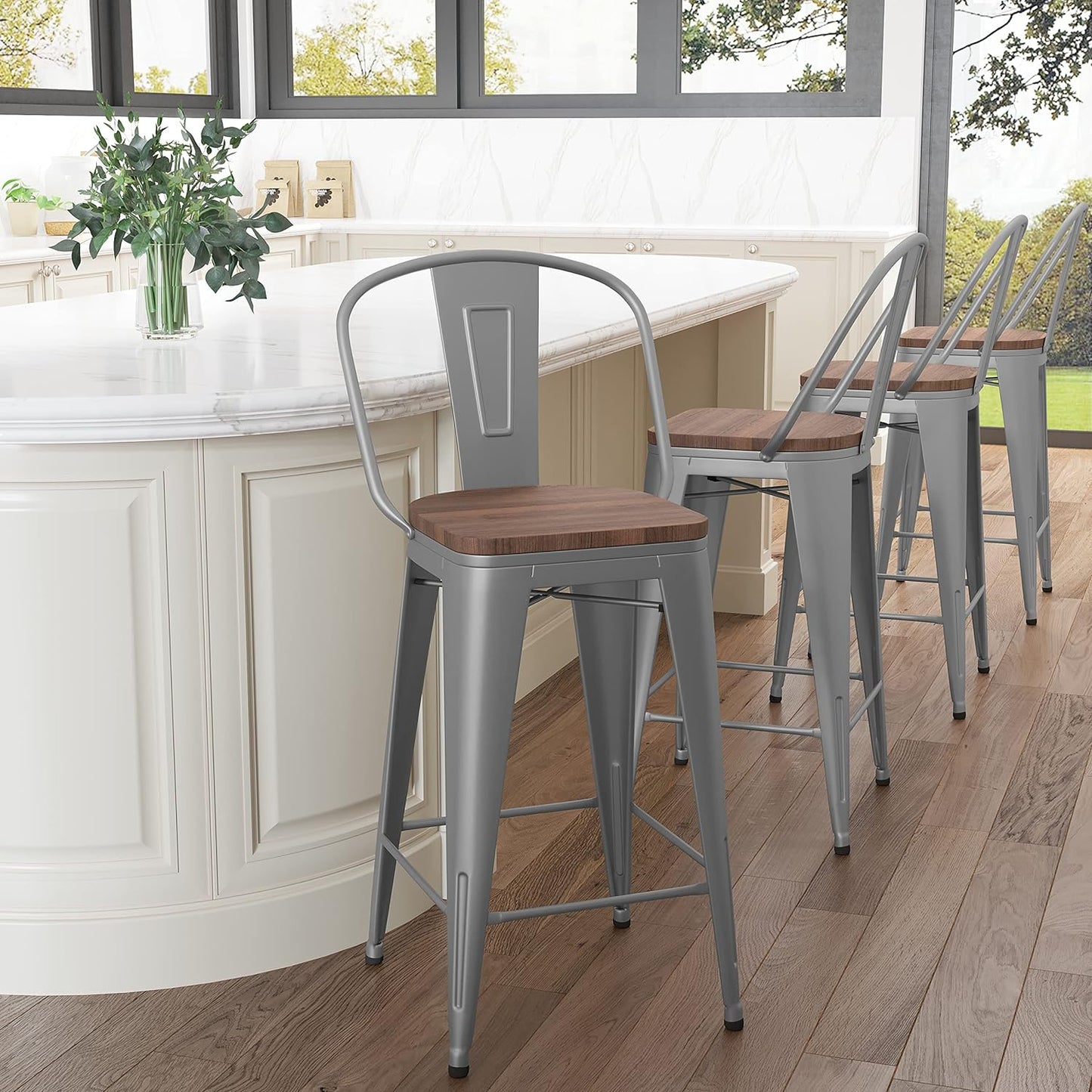 Metal Bar Stools Set of 4,24 Inch Barstools Counter Height Bar Stools with Backs Farmhouse Bar Stools with Larger Seat High Back Kitchen Dining Chairs Modern Bar Chairs 24" Silver Stool