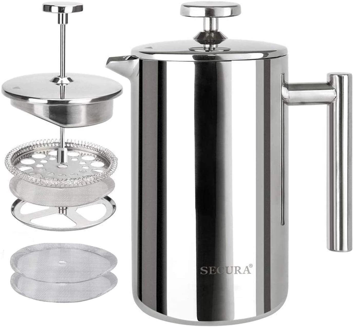 French Press Coffee Maker, 304 Grade Stainless Steel Insulated Coffee Press with 2 Extra Screens, 12Oz (0.35 Litre), Silver (SFP-12DS)