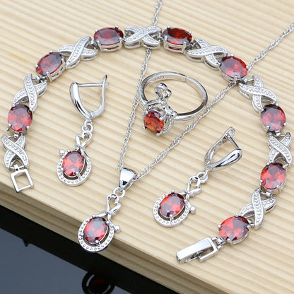 Women Fashion Party Silver 925 Jewelry Sets Red Garnet White Toapz Brithstone Long Earrings Bracelet Open Ring Necklace Sets