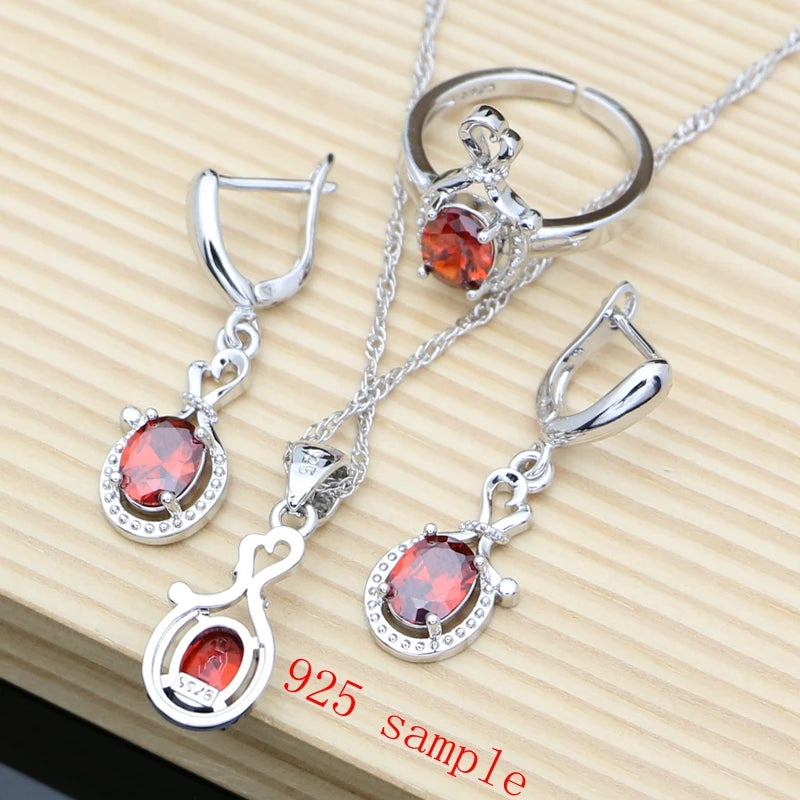 Women Fashion Party Silver 925 Jewelry Sets Red Garnet White Toapz Brithstone Long Earrings Bracelet Open Ring Necklace Sets