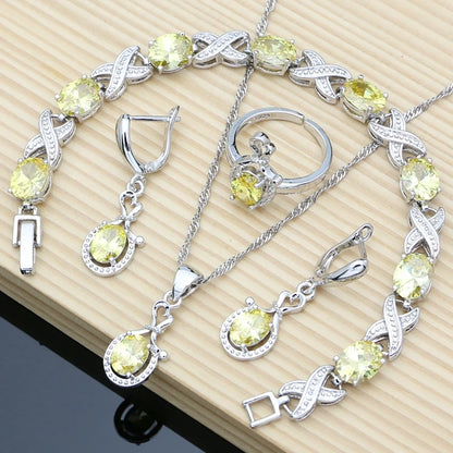 Women Fashion Party Silver 925 Jewelry Sets Red Garnet White Toapz Brithstone Long Earrings Bracelet Open Ring Necklace Sets