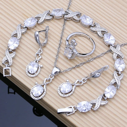 Women Fashion Party Silver 925 Jewelry Sets Red Garnet White Toapz Brithstone Long Earrings Bracelet Open Ring Necklace Sets