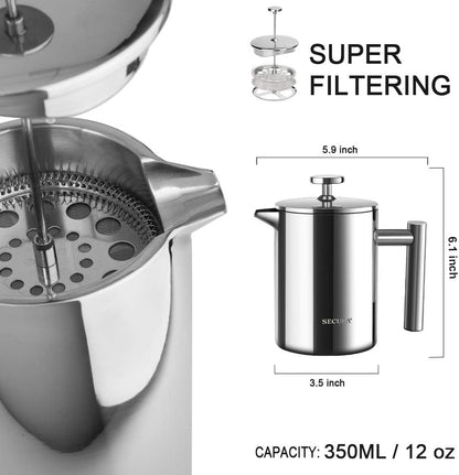 French Press Coffee Maker, 304 Grade Stainless Steel Insulated Coffee Press with 2 Extra Screens, 12Oz (0.35 Litre), Silver (SFP-12DS)